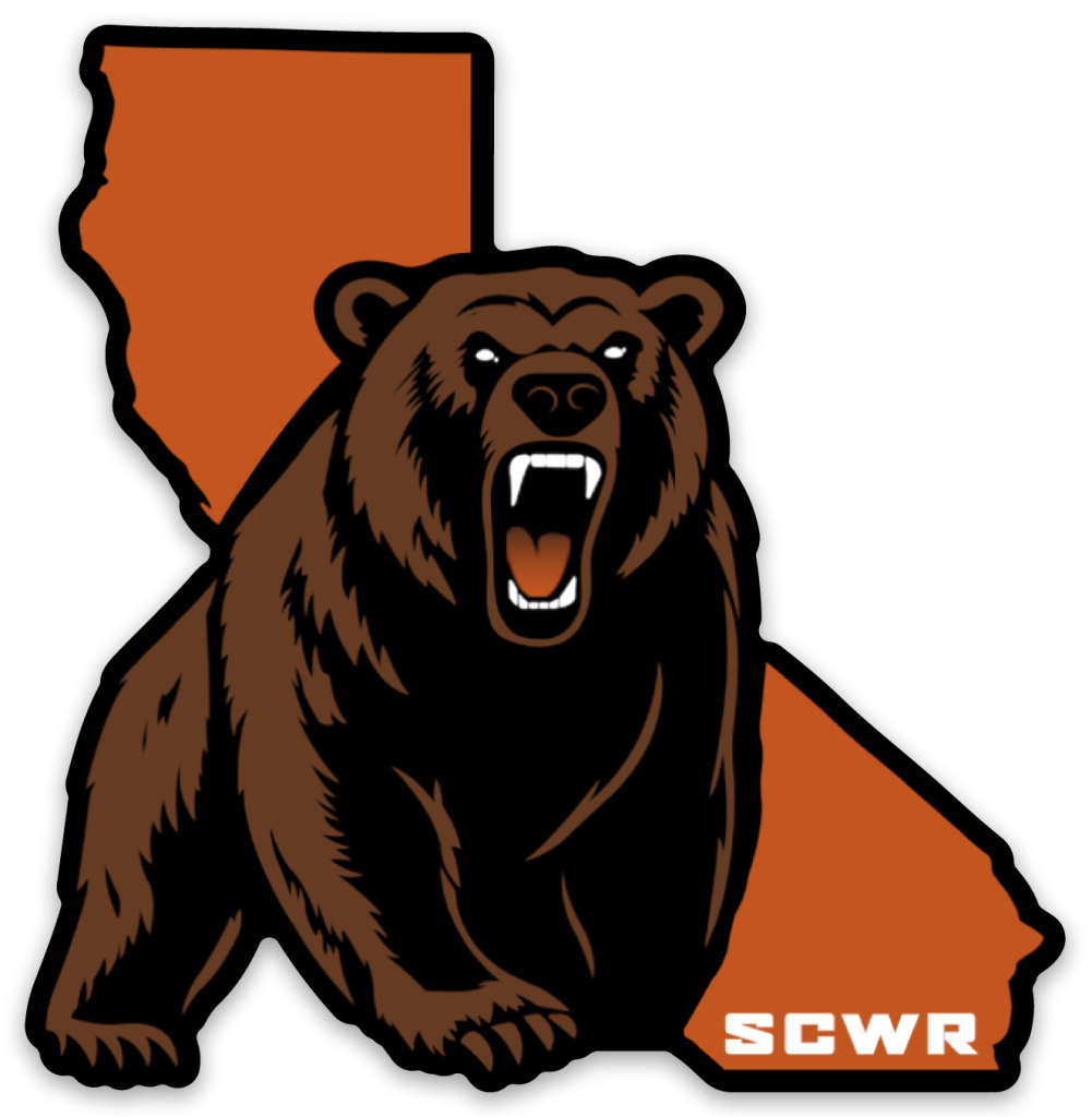 SCWR California Bear Decal: grizzly bear over an orange California outline