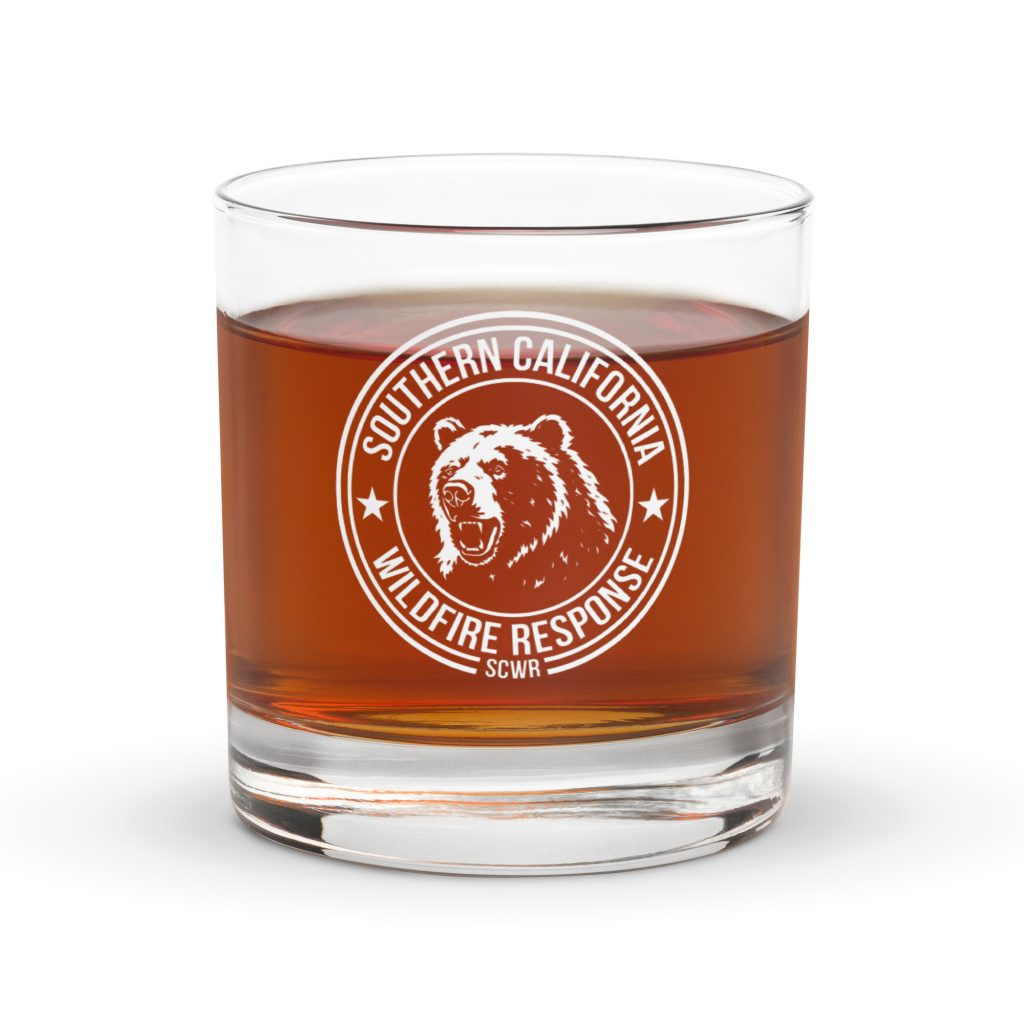 Rocks glass with the SCWR grizzly seal printed in white on the front