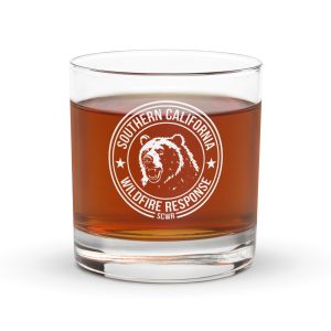 Rocks glass with the SCWR grizzly seal printed in white on the front
